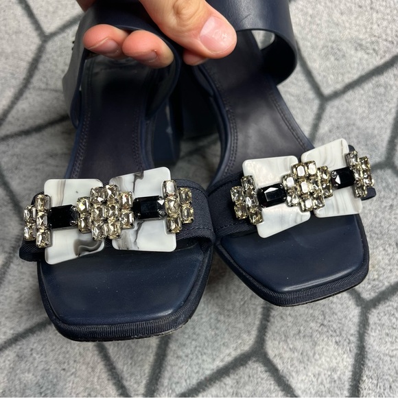 Tory Burch Navy Women's Delaney Embellished Leather Block Heel Sandals - Picture 13 of 16